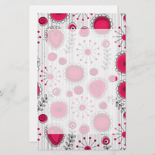 Grillige rode en witte harten en bloemen bloemmoti briefpapier (Voorkant / Achterkant)