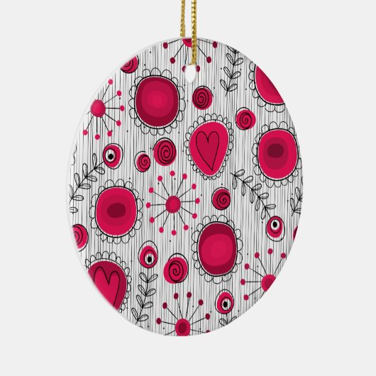 Grillige rode en witte harten en bloemen bloemmoti keramisch ornament (Rechts)