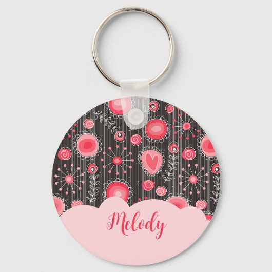 Grillige rode grijze harten en bloemen bloemnaam sleutelhanger (Voorkant)