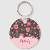 Grillige rode grijze harten en bloemen bloemnaam sleutelhanger (Achterkant)