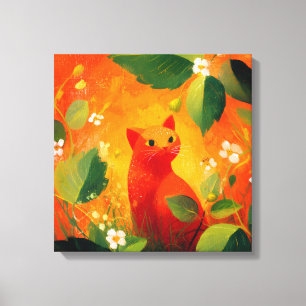 Grillige Rode Kat Wilde Bloementuin Canvas Afdruk