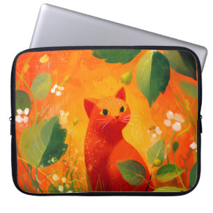 Grillige rode kat wilde bloementuin laptop sleeve