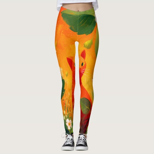 Grillige Rode Kat Wildernis Tuin Leggings (Voorkant)