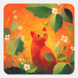 Grillige Rode Kat Wildernis Tuin Vierkante Sticker