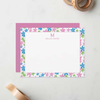 Grillige Roze Blauwe Bloemrand Aangepaste Monogram Notitiekaartje