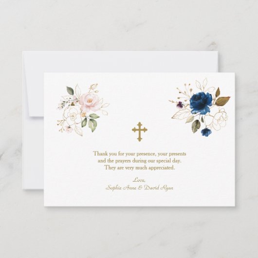 Grillige Roze Blauwe Gouden Bloemen Tweeling Doop Bedankkaart (Voorkant)