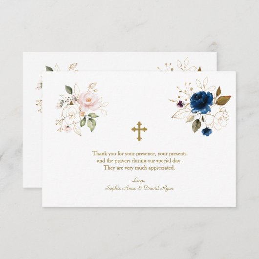 Grillige Roze Blauwe Gouden Bloemen Tweeling Doop Bedankkaart (Voorkant / Achterkant)