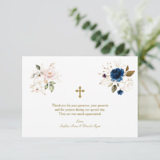 Grillige Roze Blauwe Gouden Bloemen Tweeling Doop Bedankkaart