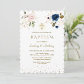 Grillige Roze Blauwe Gouden Bloemen Tweeling Doop Kaart (Staand voorkant)