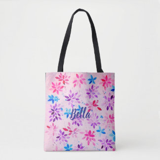 Grillige Roze & Blauwe Waterverf Bloemen Tote Bag