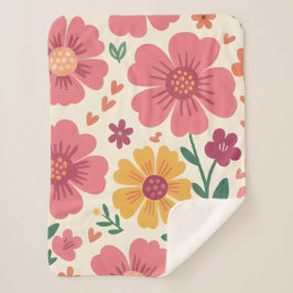 Grillige Roze Bloei & Hartjes Retro Patroon Sherpa Deken