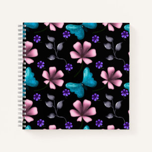 Grillige Roze Bloemen en Blauwe Vlinder Naadloos P Notitieboek