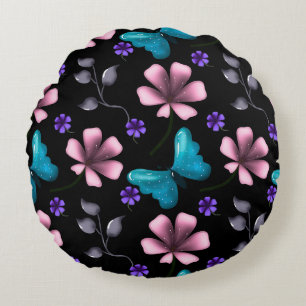 Grillige Roze Bloemen en Blauwe Vlinder Naadloos P Rond Kussen