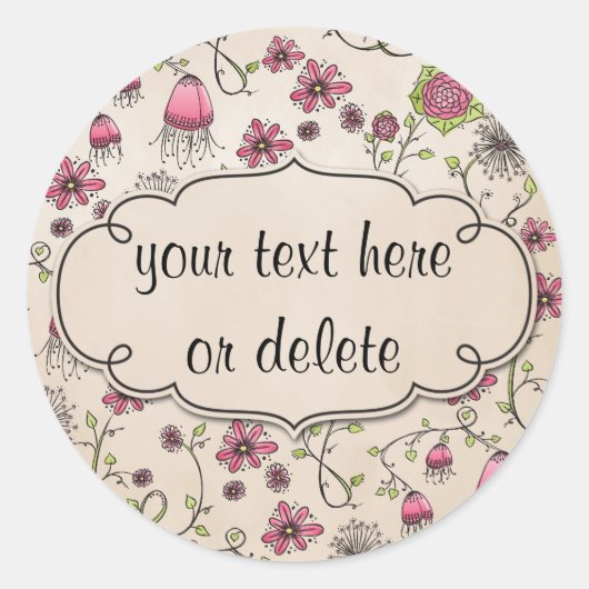 Grillige roze bloemen op beige ronde sticker (Voorkant)