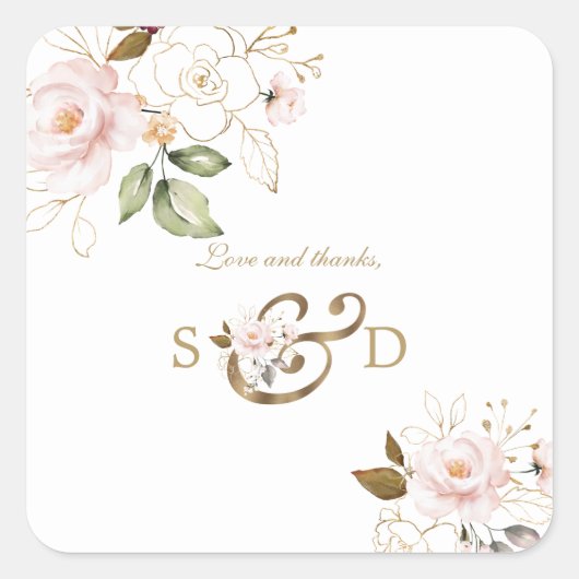 Grillige Roze Blush Gouden Bloemen Monogram Bruilo Vierkante Sticker (Voorkant)
