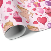 Grillige Roze Cupido Verjaardags Ballon Patroon Cadeaupapier (Rol Hoek)