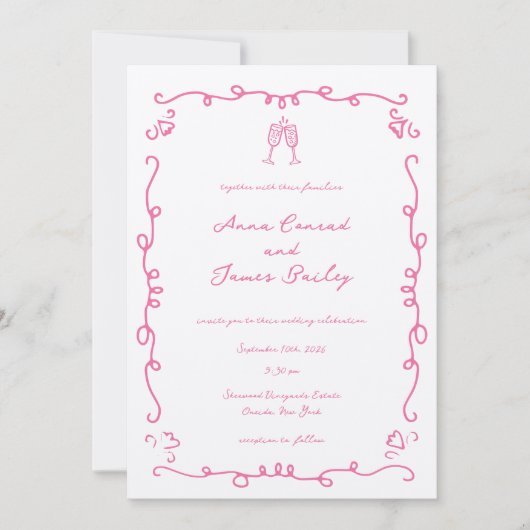 Grillige Roze Doodle Lijst Bruiloft Kaart (Voorkant)