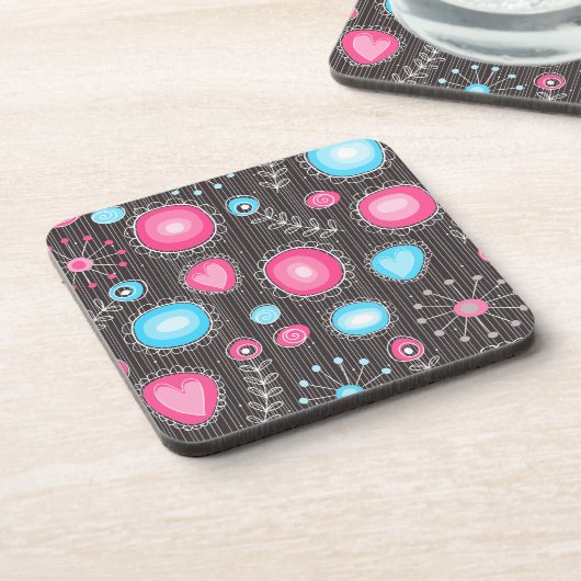 Grillige roze en blauwe harten en bloemen bloemmot bier onderzetter (Linkerzijde)