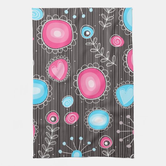 Grillige roze en blauwe harten en bloemen bloemmot theedoek (Verticaal)