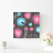 Grillige roze en blauwe harten en bloemen bloemmot vierkante klok (Huis)