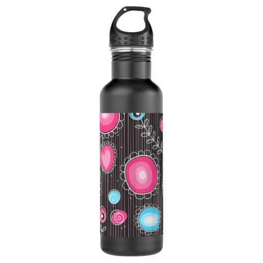 Grillige roze en blauwe harten en bloemen bloemmot waterfles (Voorkant)