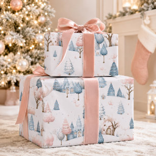 Grillige Roze en Blauwe Kerstmis Dorp Cadeau Cadeaupapier