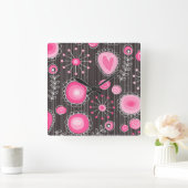 Grillige roze en grijze harten en bloemen bloemmot vierkante klok (Huis)