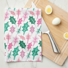 Grillige roze en groene Kerst-hulstbladeren Theedoek