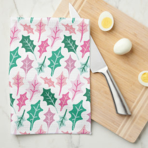 Grillige roze en groene Kerst-hulstbladeren Theedoek