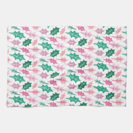 Grillige roze en groene Kerst-hulstbladeren Theedoek