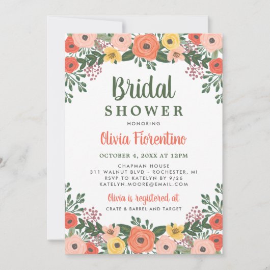 Grillige Roze en Oranje Bloemige Bruidsdouche Kaart (Voorkant)