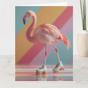 Grillige Roze Flamingo op Rolschaatsen Kaart