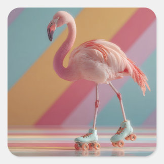 Grillige Roze Flamingo op Rolschaatsen Vierkante Sticker