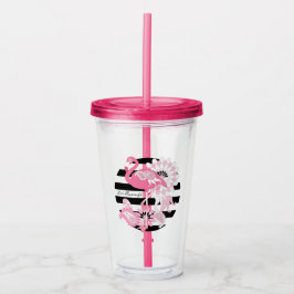 Grillige Roze Flamingo Zwart en Wit Gestreept Acryl Drinkbeker
