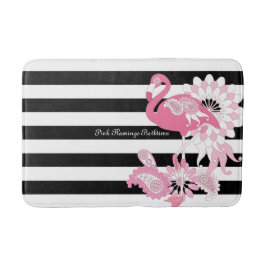 Grillige Roze Flamingo Zwart en Wit Gestreept Badmat