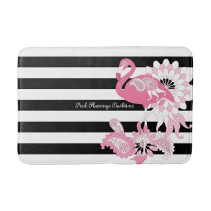 Grillige Roze Flamingo Zwart en Wit Gestreept Badmat