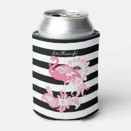 Grillige Roze Flamingo Zwart en Wit Gestreept Blikjeskoeler