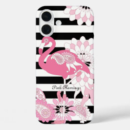 Grillige Roze Flamingo Zwart en Wit Gestreept iPhone 16 Plus Hoesje