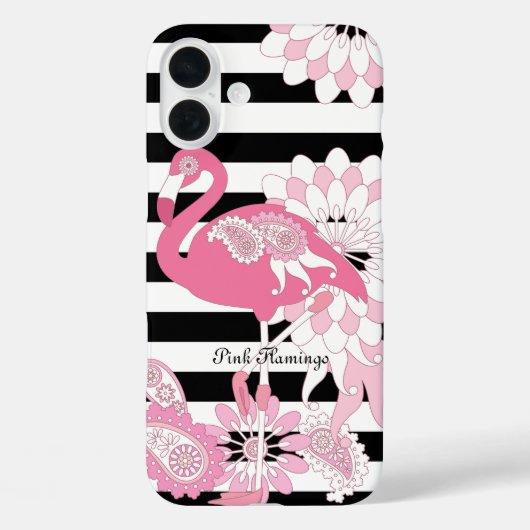 Grillige Roze Flamingo Zwart en Wit Gestreept Case-Mate iPhone Case (Achterkant)