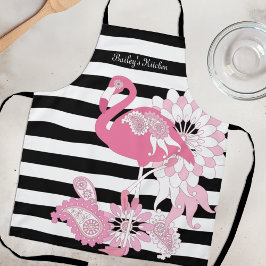 Grillige Roze Flamingo Zwart en Wit Gestreept Schort