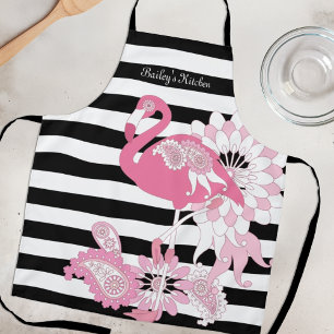 Grillige Roze Flamingo Zwart en Wit Gestreept Schort
