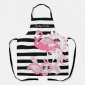 Grillige Roze Flamingo Zwart en Wit Gestreept Schort (Voorkant)