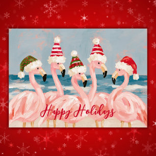 Grillige Roze Flamingo's in Kerstmannenhoeden Kers Feestdagen Kaart