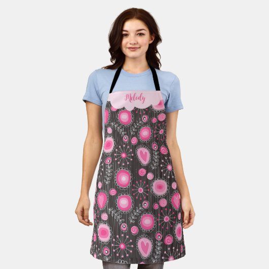Grillige roze grijze harten en bloemen bloemrijke  schort (Gedragen)