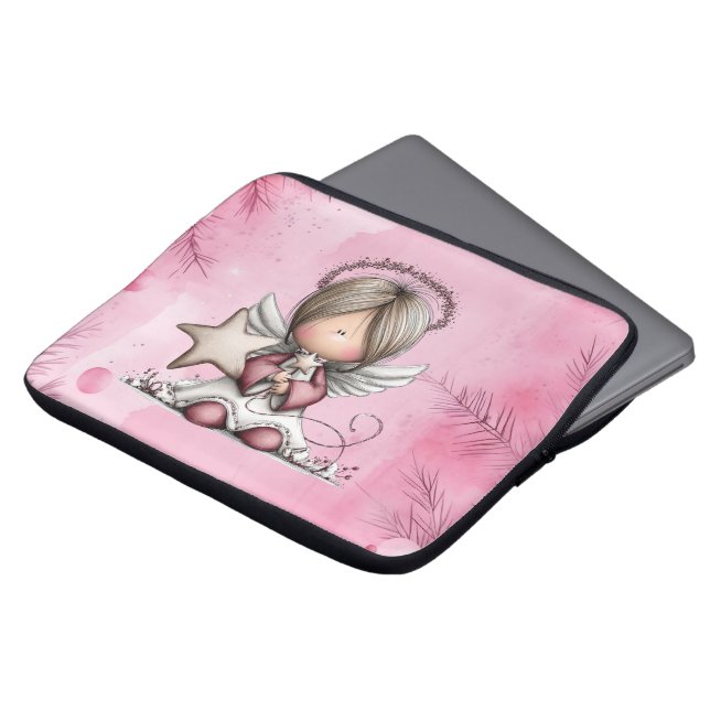 Grillige Roze Kerstengel Laptop Sleeve (Voorkant top)