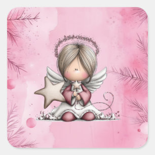 Grillige Roze Kerstengel Vierkante Sticker