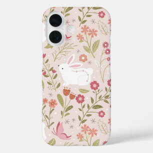 Grillige Roze Konijn en Bloemrijke Weide iPhone 16 Hoesje