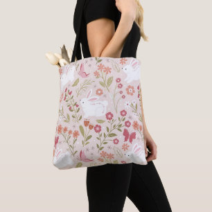 Grillige Roze Konijn en Bloemrijke Weide Tote Bag