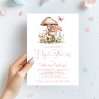 Grillige Roze Paddenstoel Vlinder Baby Shower Kaart