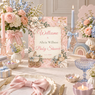Grillige Roze Teddybeer Baby Shower Reclamebord Met Voetstuk